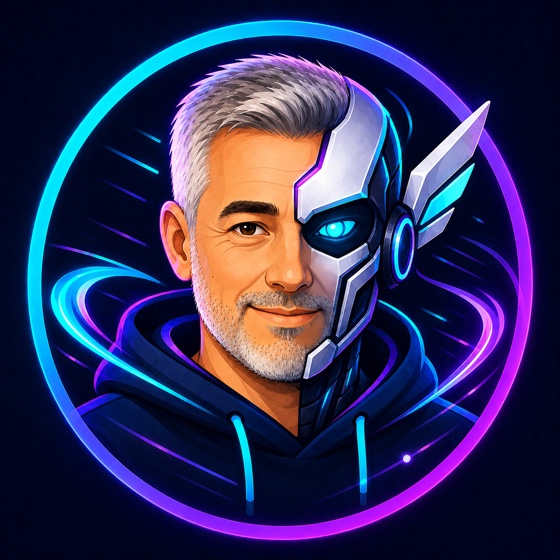 Stylised portrait of Andrei Orlov, half human and half machine
